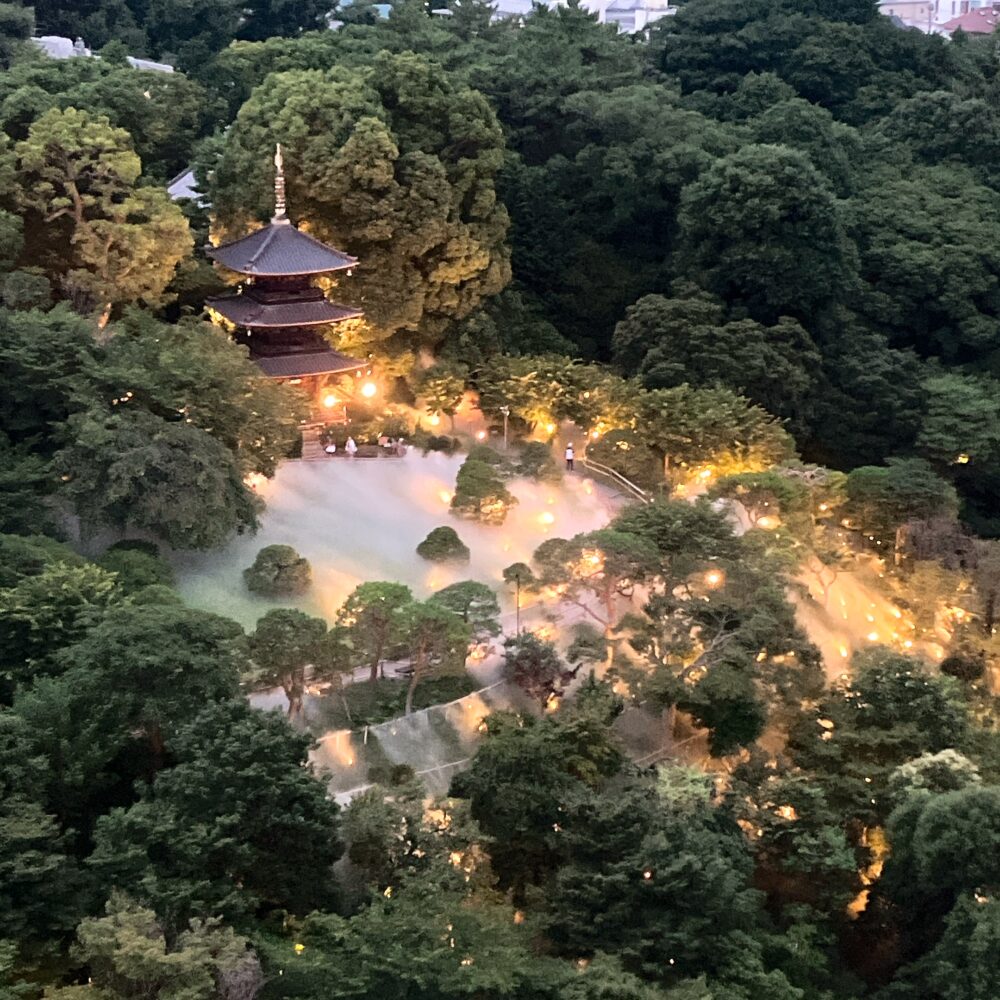 ライトアップされた日本庭園を包み込むように広がる幻想的な「東京雲海」。中央には三重塔が浮かび上がり、周囲の木々もライトに照らされている。