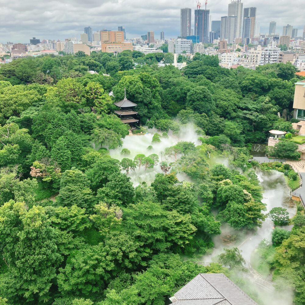 高層階から見下ろすホテル椿山荘東京の広大な日本庭園。緑豊かな木々の間から白い霧状の雲海が部分的に発生しており、庭園の中に浮かび上がっている。中央には三重塔が見え、背景には高層ビルが立ち並ぶ都市の風景が広がっている。