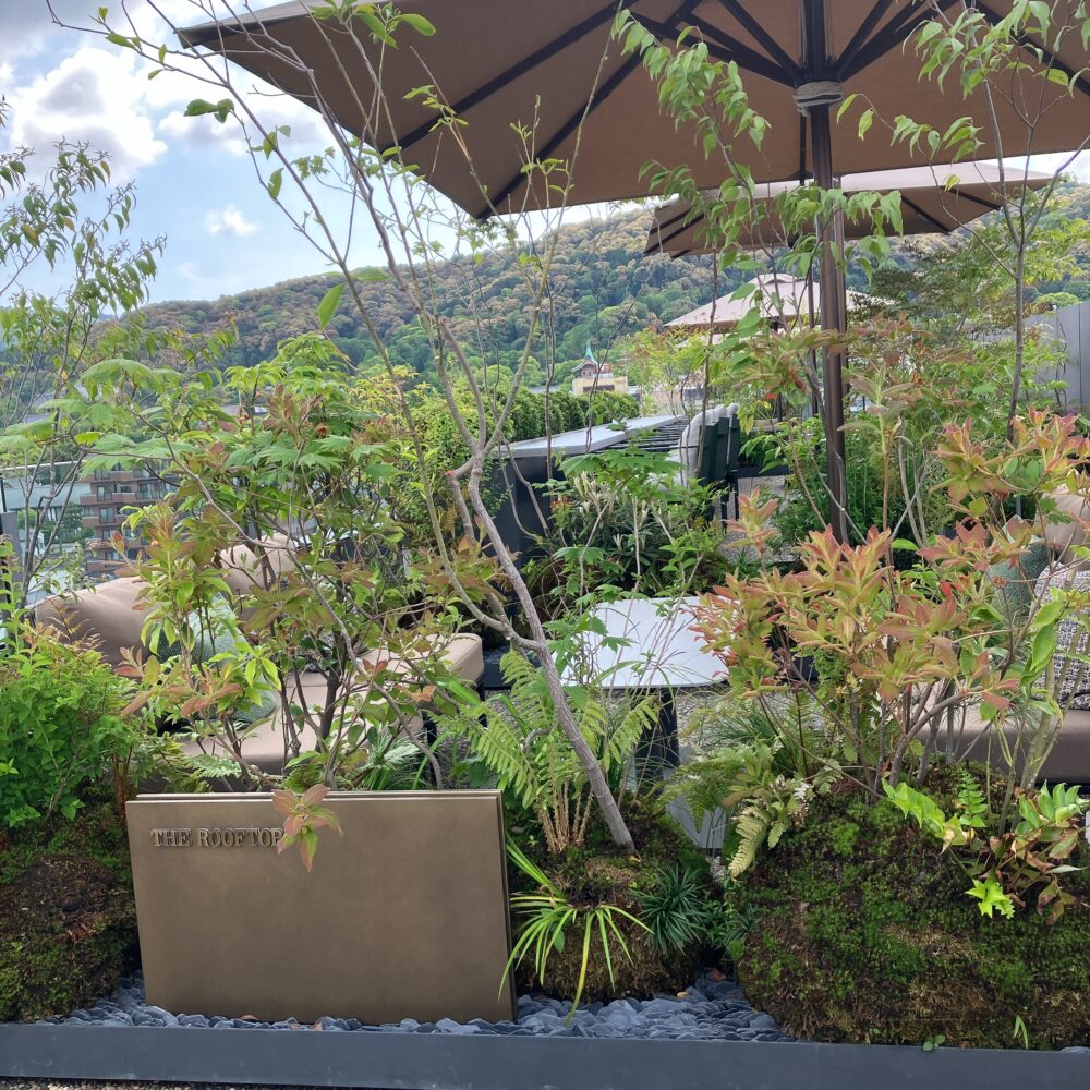 帝国ホテル京都のルーフトップバーの昼間の庭園の様子。手前には「THE ROOFTOP」と書かれた金色のプレートがある。右下には階段の手すりが写っている。