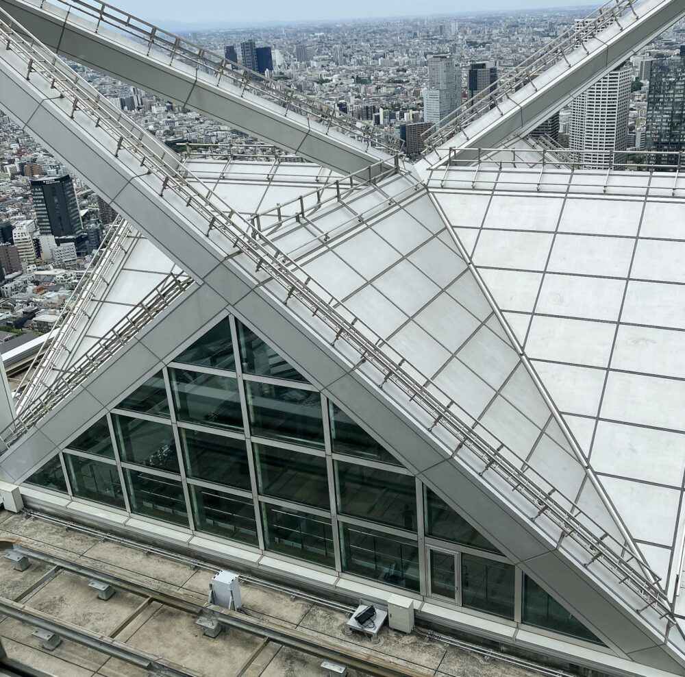 52階のニューヨークグリル側から見下ろした、41階ピークラウンジのピラミッド型ガラス屋根と東京の街並み。